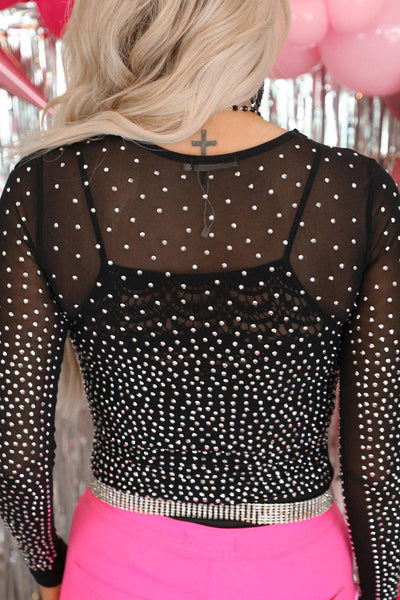 Black Rhinestone Embellished Mesh Long Sleeve Bodysuit: Black / 95%Polyamide+5%Elastane