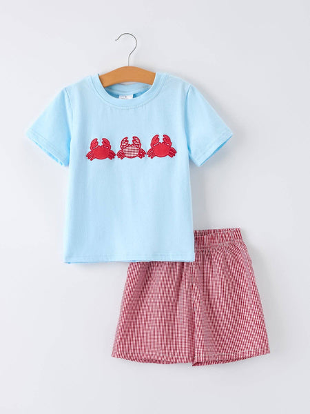 Crab Applique Boy Top And Plaid Shorts Set: