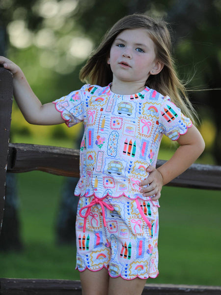 Back to School Print Girl Short Set Scallop Hem: