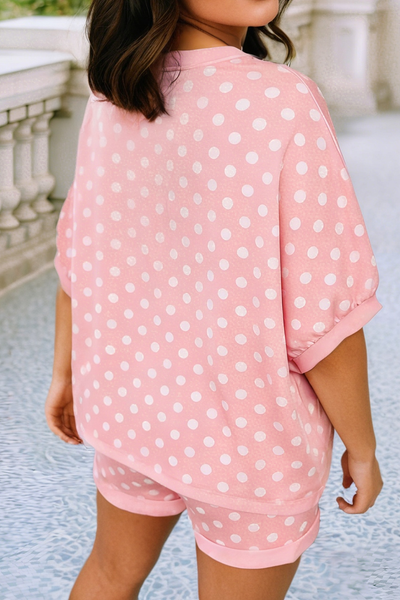 LDC Casual High Waist Polka Dot Short Sleeve 2Pcs Shorts Set: Pink