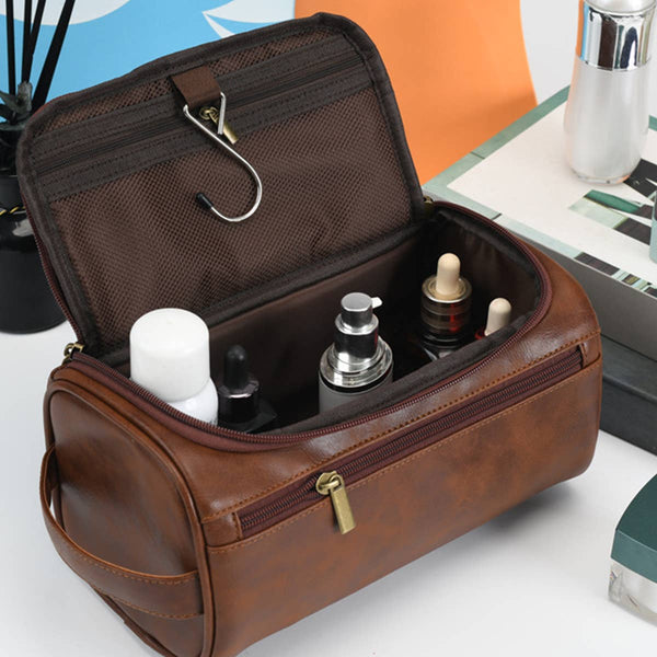 RETRO TRAVEL LEATHER COSMETIC BAG : Brown