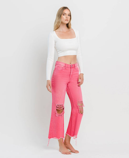 90'S VINTAGE SUPER HIGH RISE CROP FLARE JEANS V2736HP: HOT PINK