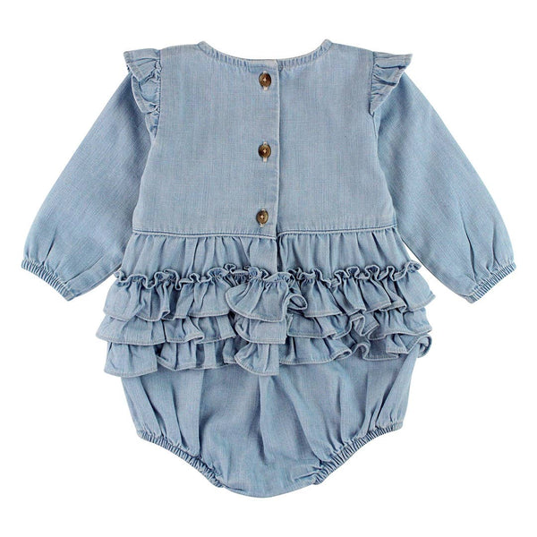 Baby Girls Light Wash Denim Long Sleeve Flutter Bubble Romper: Blue