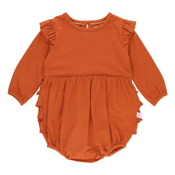 Baby Girls Rust Knit Long Sleeve Flutter Bubble Romper: Orange