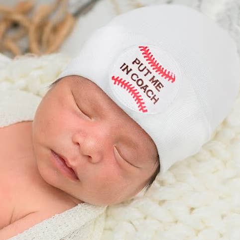 Put Me In Coach Baby Baseball Hat Newborn Baby Hospital Hat : White / Newborn
