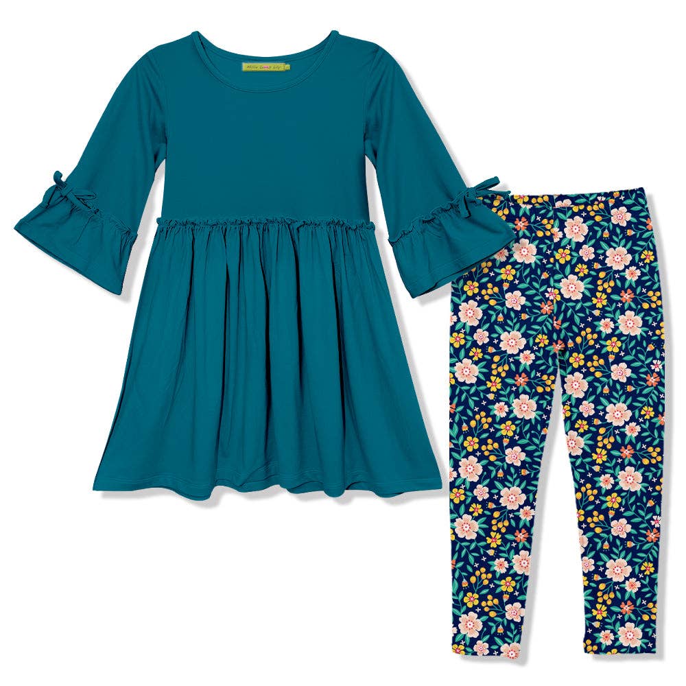 Girls Teal Bow-Sleeve A-Line Dress & Floral Cluster Leggings: Teal