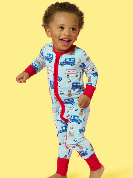 SoftSnooze™ Baby Bamboo Viscose Postal Pups Mail Convertible One Piece Footie Pajama: Blue