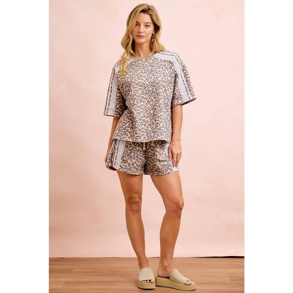 LEOPARD TERRY SIDE DETAIL SHORT SLEEVES TOP: