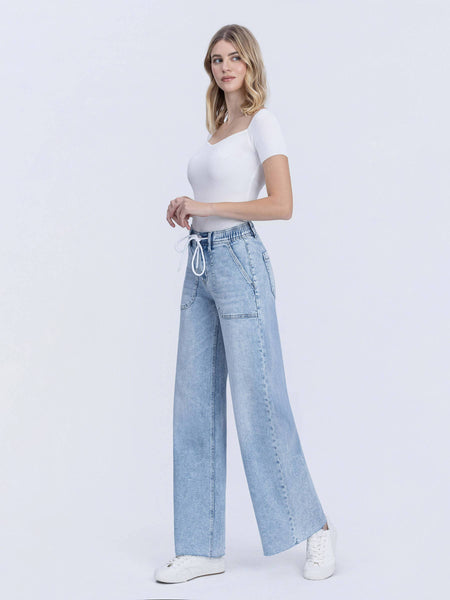 HIGH RISE DRAWSTRING WAISTBAND WIDE LEG JEANS F6065: CLEARLY