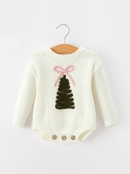 Winter Christmas Tree Girls Knit Romper Bow Long Sleeve:
