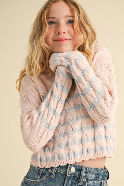 GIRLS KIDS CABLE KNIT BOXY CROPPED PULLOVER