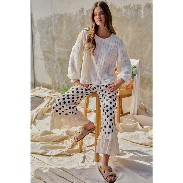LINEN BLEND POLKA DOT PRINTED RUFFLE LACE HEM PANTS: CREAM/BLACK