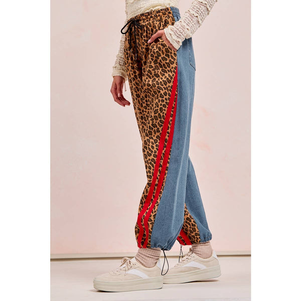 WASHED LEOPARD DENIM MIX AND MATCH JOGGER PANTS: LEOPARD/DENIM