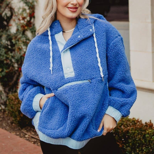 Blue Two-Toned Sherpa Fleece Wholesale Pullover: Blue