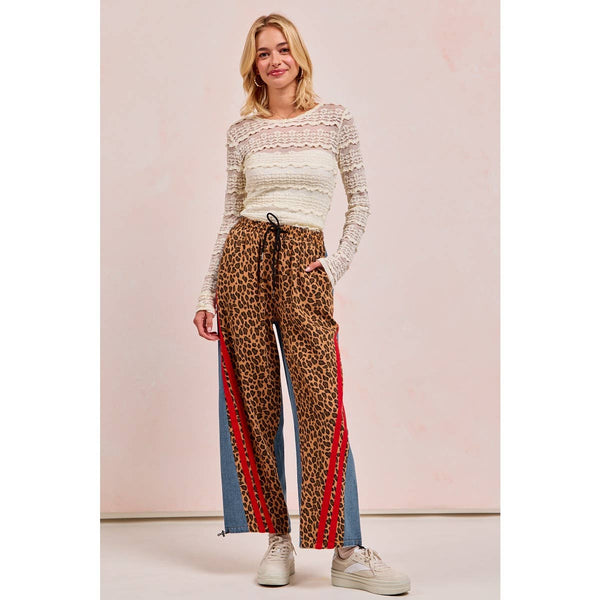 WASHED LEOPARD DENIM MIX AND MATCH JOGGER PANTS: LEOPARD/DENIM