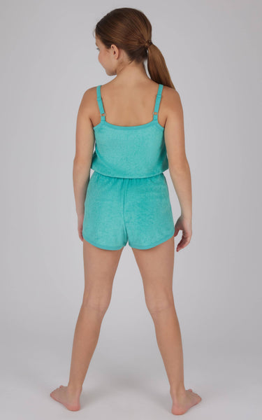 Girls Towel Terry Tie Waist Romper w Side Pockets: Ceramic