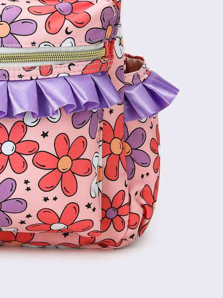 Flower Printed Girls Ruffle Backpack