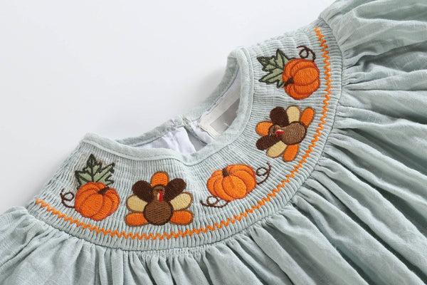 Light Blue Pinstripe Turkey Smocked Bishop Dress: