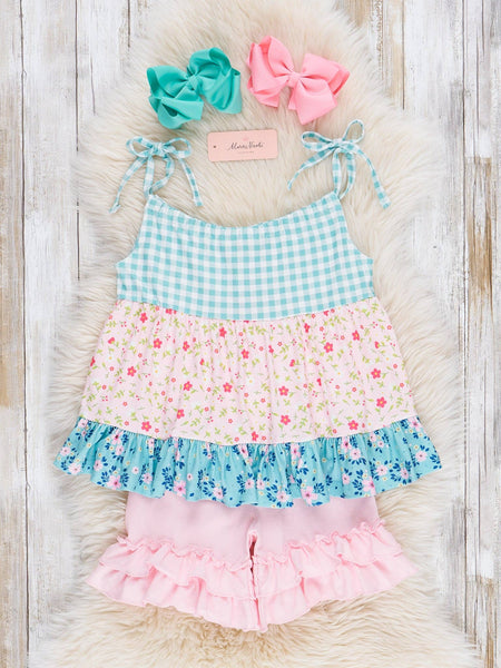 Turquoise Gingham & Pink Florals Ruffle Outfit: