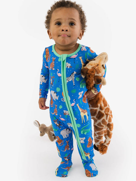 SoftSnooze™ Baby Bamboo Viscose Zoo Crew Footed One Piece Pajama: Blue