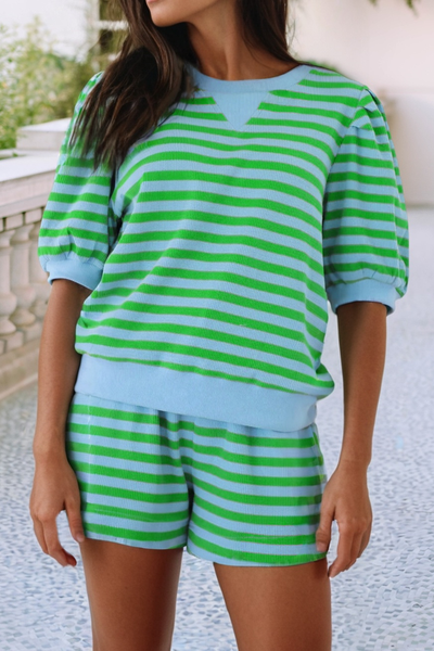 LDC Stripe Spring Puff Sleeve Shirt Matching Shorts SetGreen Stripe plus