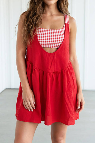 LAS Romper Inside Patchwork Gingham Mini Dress Racing Red