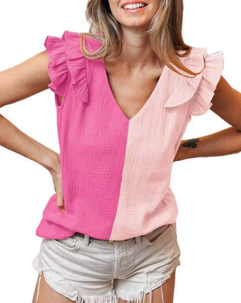 Colorblock Gauze Flutter Sleeve Blouse: Pink