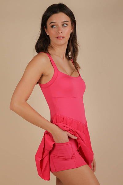 Pleated Skirt Activewear Dress W/ Under Shorts: HOT PINK