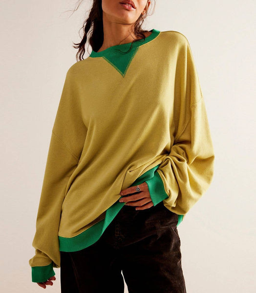 Solid Color Round Neck Fork Loose Sweatshirt Sweater: Off-white