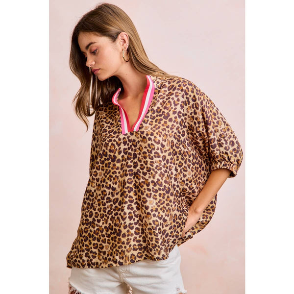 LEOPARD CONTRAST BANDED DOLMAN SLEEVES BLOUSE TOP: LEOPARD / S