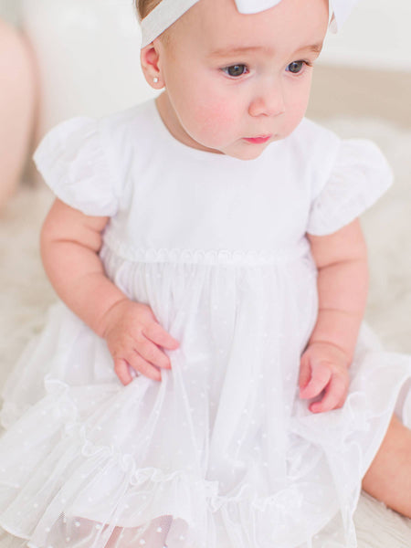 Baby Girls White Dotted Tulle Dress & RuffleButt Set: