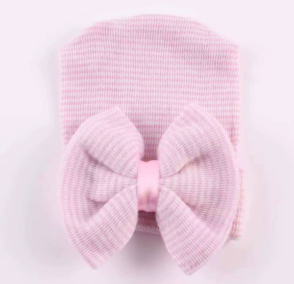 Newborn Hospital Hat, Gender Reveal, Embroidery, Monogram: White Pink / Satin Bow
