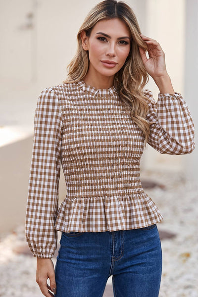 Plaid Smocked Bodice Three Quarter Sleeve Casual Top: Red