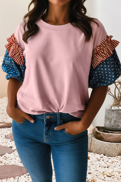 LDC Stars Stripes Round Neck Short Puff Sleeve Top