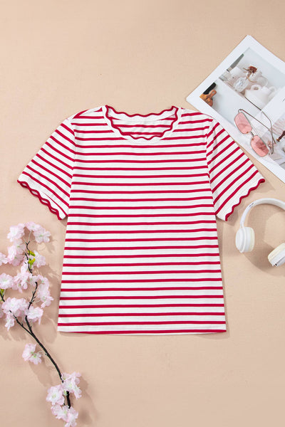 LAS Stripe Scalloped Trim Round Neck T Shirt Red
