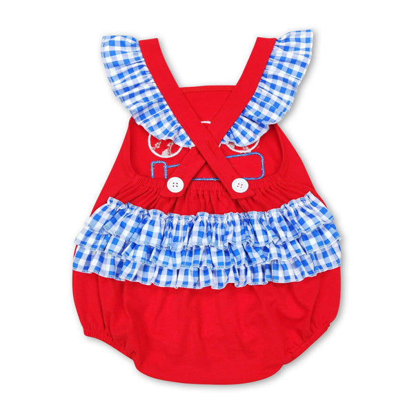 Red baseball plaid ruffle baby girls romper: