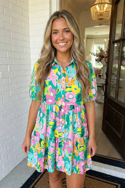 LAS Floral Puff Sleeve Collar Buttoned Babydoll Dress Green / Missy /