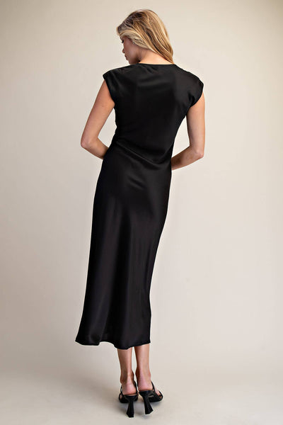 Short-Sleeve Cowl-Neck Slip Midi Dress: Cream
