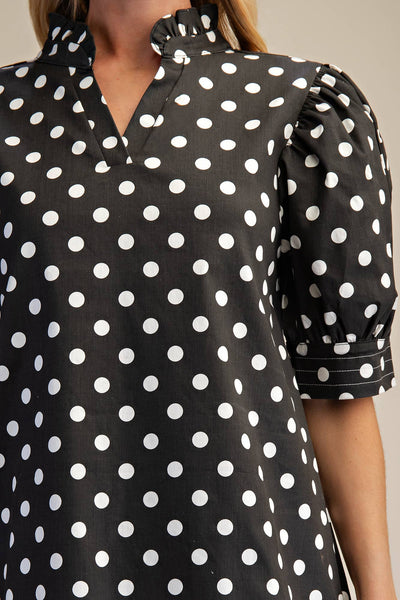 Ruffle V-Neck Puff Sleeve Polka Dot Mini Dress: white/black