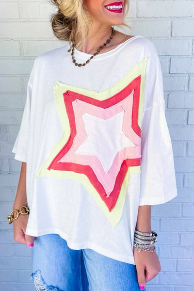Colorblock Star Patched Half Sleeve Oversized Tee pink