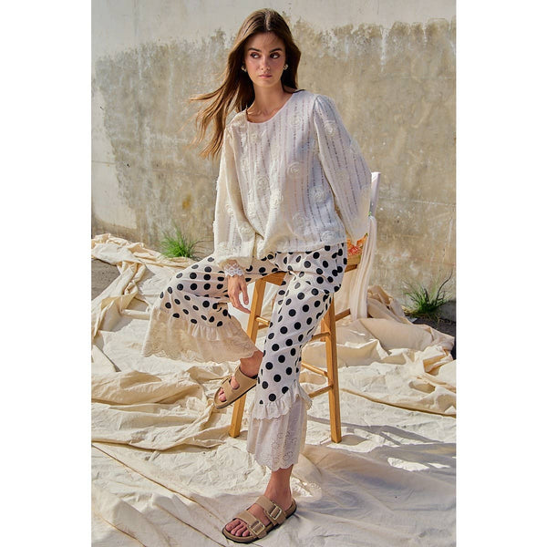 LINEN BLEND POLKA DOT PRINTED RUFFLE LACE HEM PANTS: CREAM/BLACK