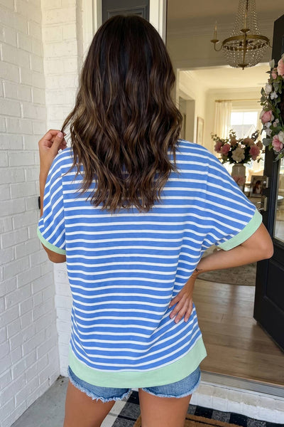 LAS Striped Colorblock Contrast Trim Loose Top Pink Stripe