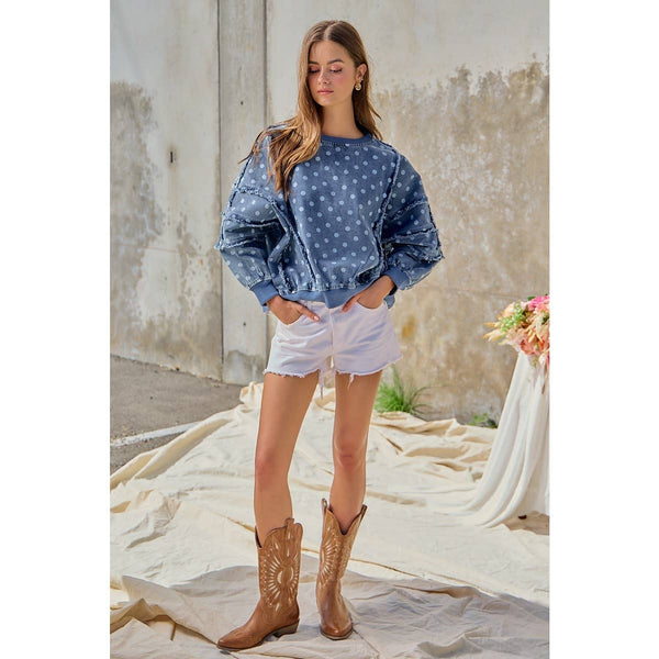 POLKA DOT PRINTED WASHED DENIM FRAYED EDGE DETAIL TOP: