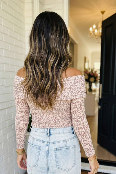 LAS Leopard Ruched Off the Shoulder Sheath Blouse Brown