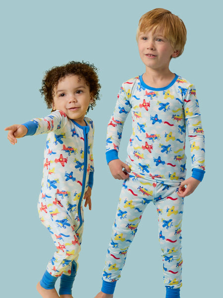 SoftSnooze™ Baby Bamboo Viscose Plane Parade Convertible One Piece Footie Pajama: Blue