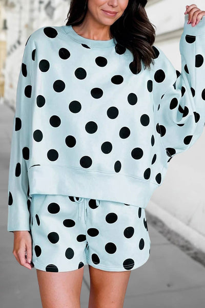 Cute Polka Dot Dot Print Loose Pullover Shorts Set Sky Blue