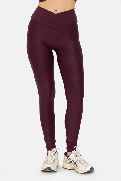 Leather Look Crossover Leggings: BURGUNDY