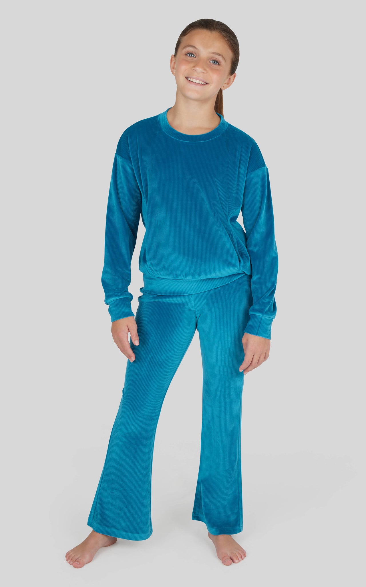 Girls Rib Velour Crew Neck, Flared Pant, Scrunchie - SET: CRYSTAL TEAL