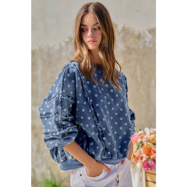 POLKA DOT PRINTED WASHED DENIM FRAYED EDGE DETAIL TOP: