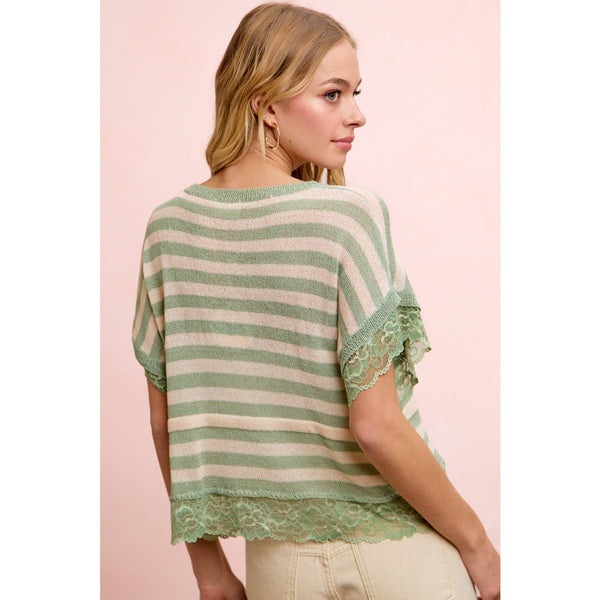 STRIPED CONTRAST LACE DETAIL LIGHTWEIGHT KNIT TOP: PALE BANANA / M